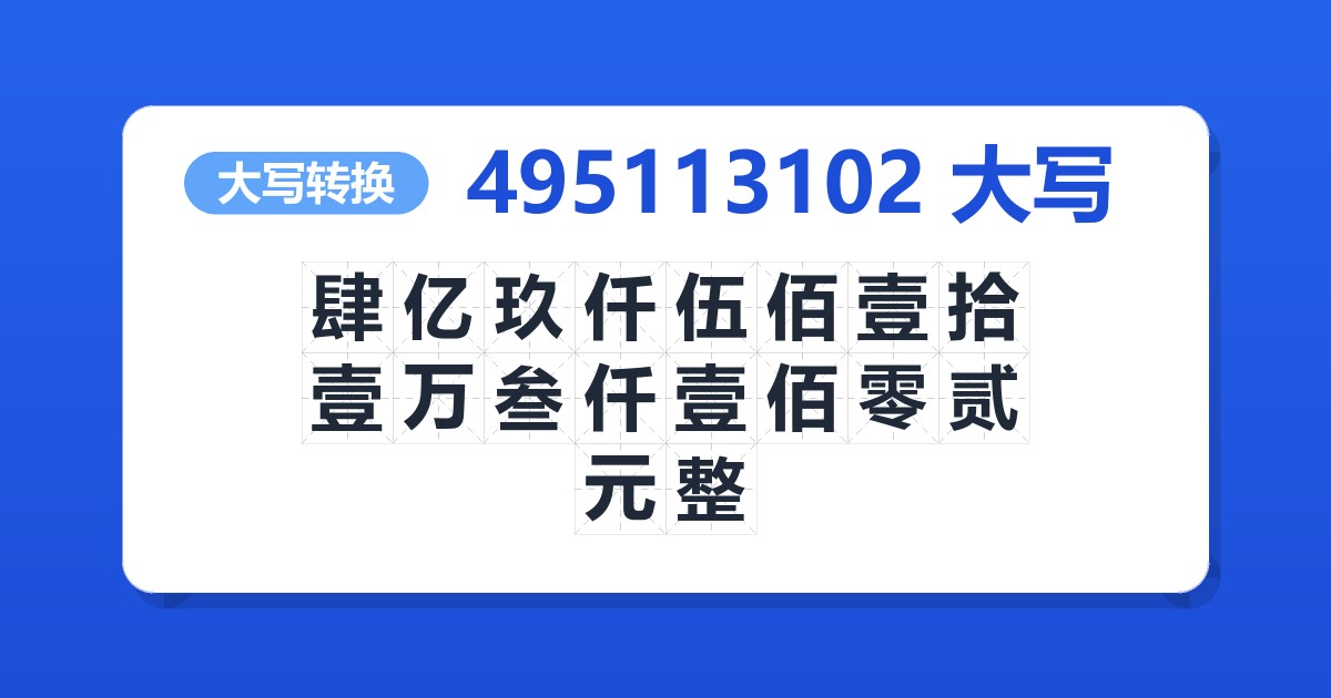 495113102大写 肆亿玖仟伍佰壹拾壹万叁仟壹佰零贰元整