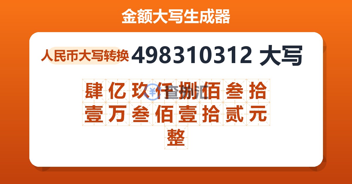 498310312大写 肆亿玖仟捌佰叁拾壹万叁佰壹拾贰元整