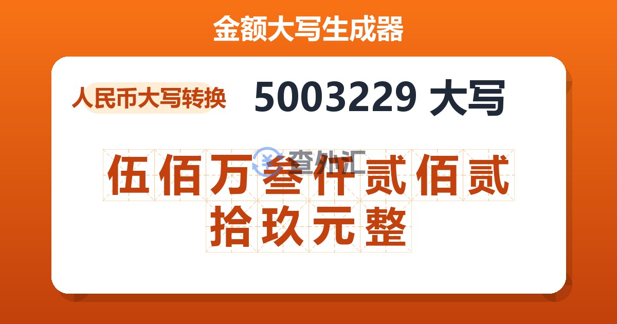 5003229大写 伍佰万叁仟贰佰贰拾玖元整