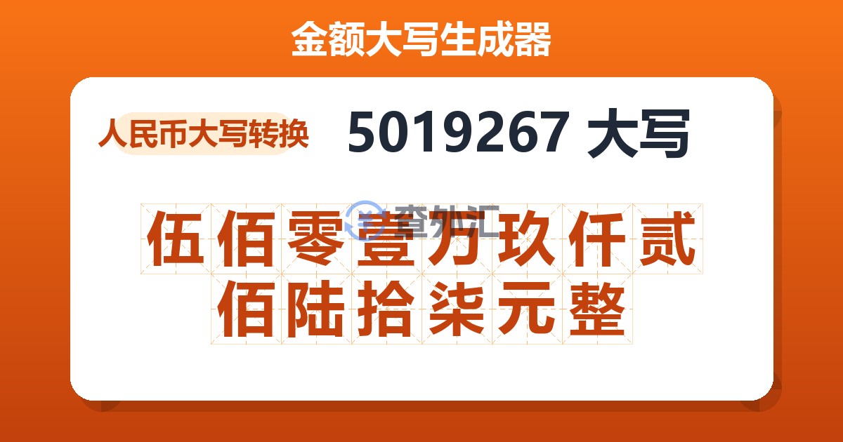 5019267大写 伍佰零壹万玖仟贰佰陆拾柒元整