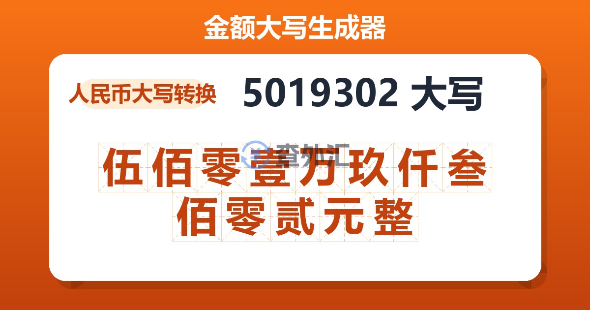 5019302大写 伍佰零壹万玖仟叁佰零贰元整