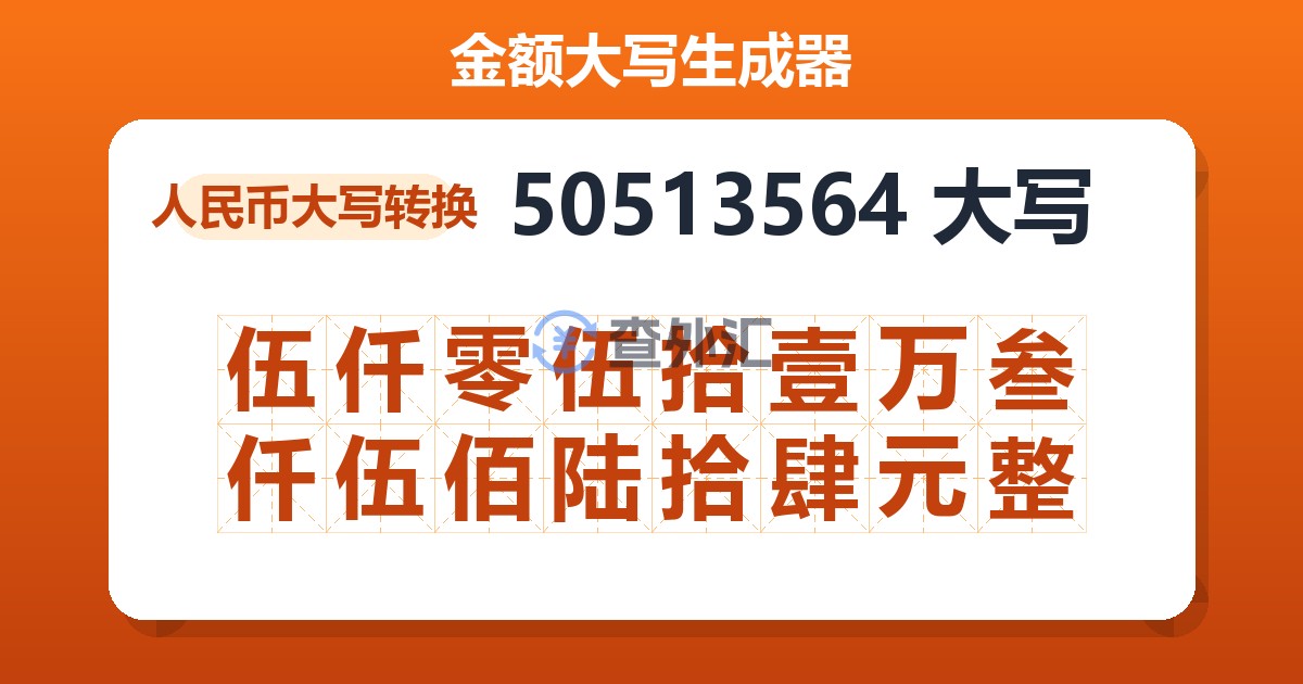50513564大写 伍仟零伍拾壹万叁仟伍佰陆拾肆元整