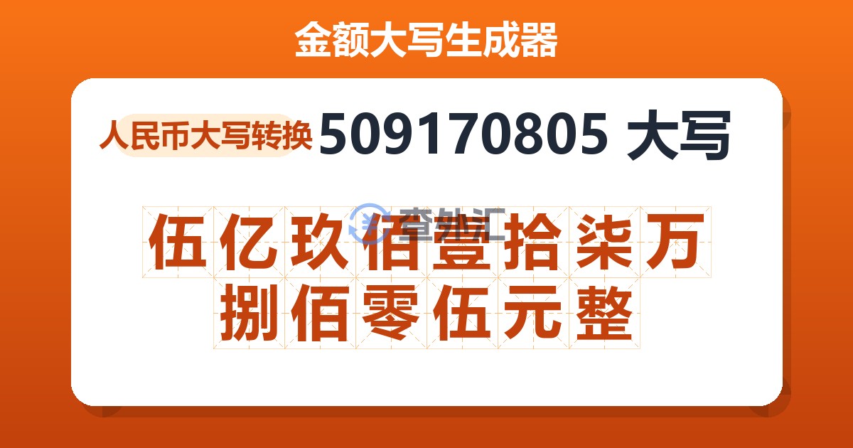 509170805大写 伍亿玖佰壹拾柒万捌佰零伍元整