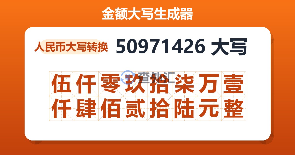 50971426大写 伍仟零玖拾柒万壹仟肆佰贰拾陆元整