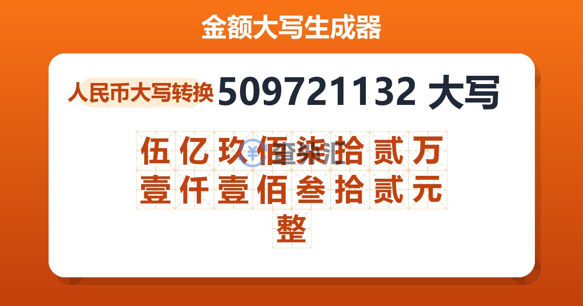 509721132大写 伍亿玖佰柒拾贰万壹仟壹佰叁拾贰元整