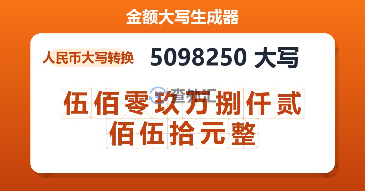 5098250大写 伍佰零玖万捌仟贰佰伍拾元整