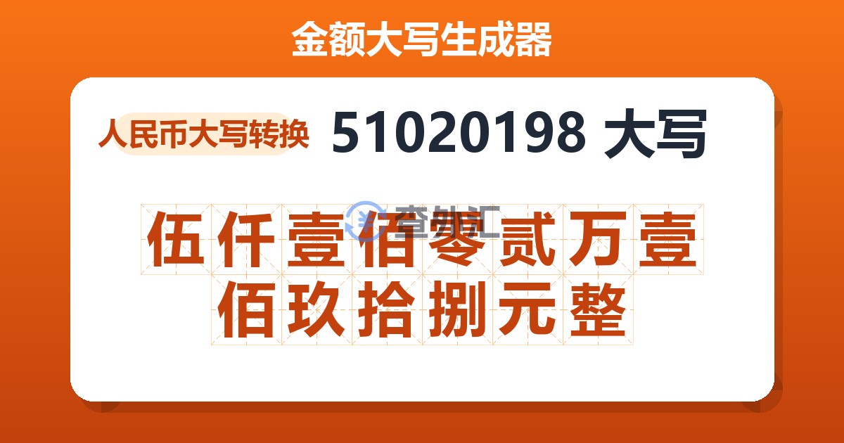 51020198大写 伍仟壹佰零贰万壹佰玖拾捌元整