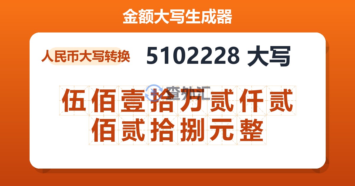 5102228大写 伍佰壹拾万贰仟贰佰贰拾捌元整