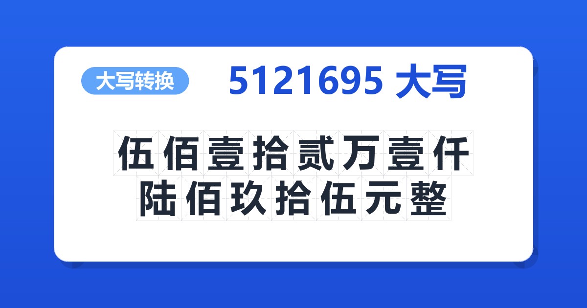 5121695大写 伍佰壹拾贰万壹仟陆佰玖拾伍元整