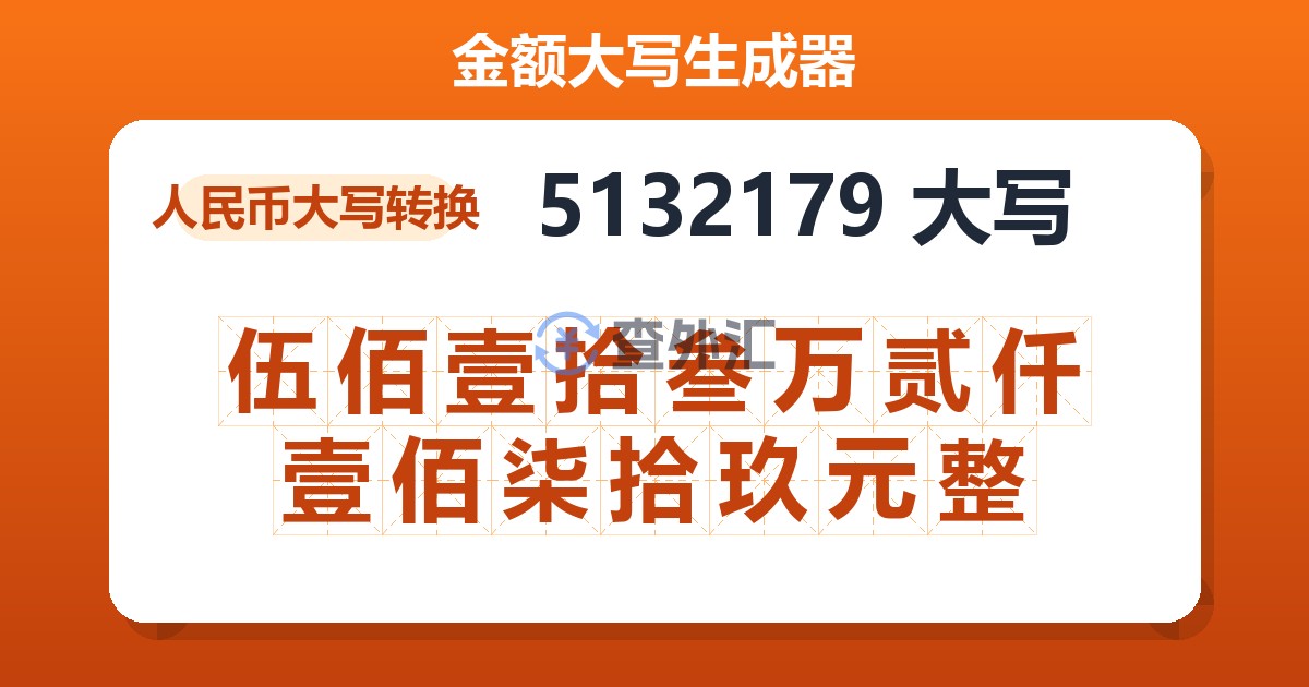 5132179大写 伍佰壹拾叁万贰仟壹佰柒拾玖元整
