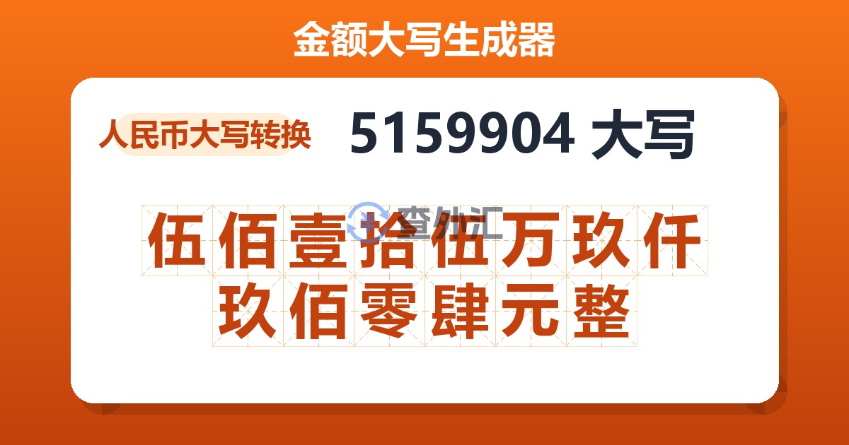 5159904大写 伍佰壹拾伍万玖仟玖佰零肆元整