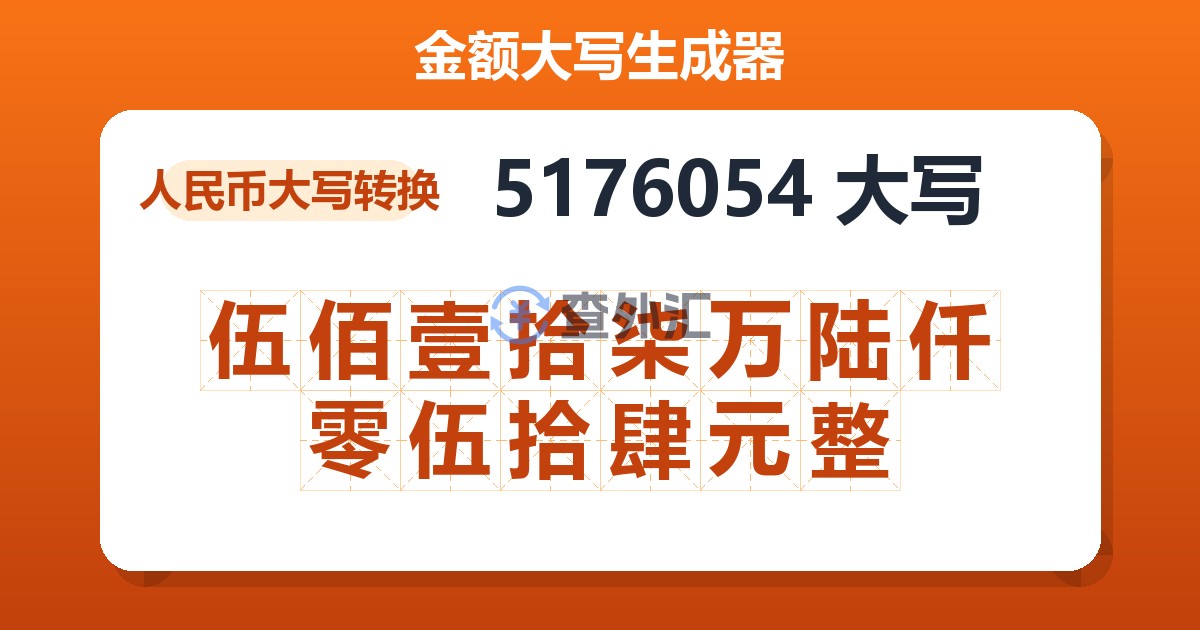 5176054大写 伍佰壹拾柒万陆仟零伍拾肆元整