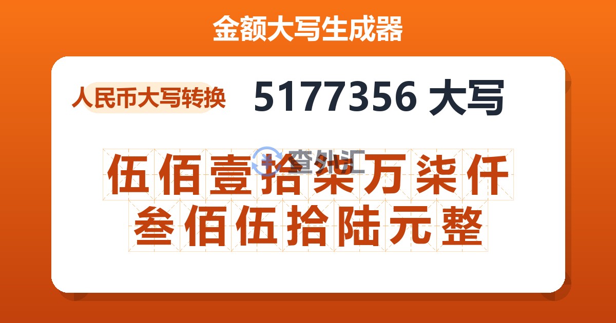 5177356大写 伍佰壹拾柒万柒仟叁佰伍拾陆元整