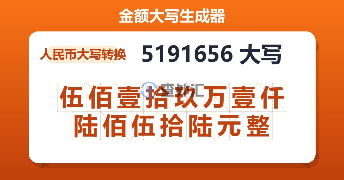 5191656大写 伍佰壹拾玖万壹仟陆佰伍拾陆元整