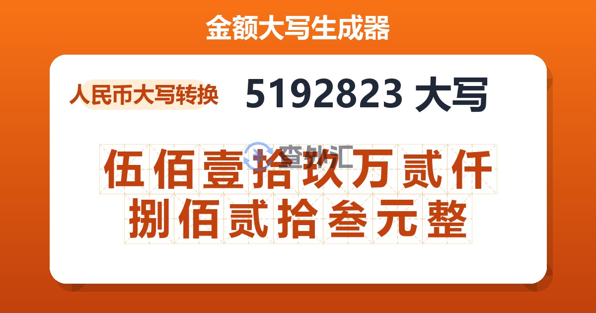 5192823大写 伍佰壹拾玖万贰仟捌佰贰拾叁元整