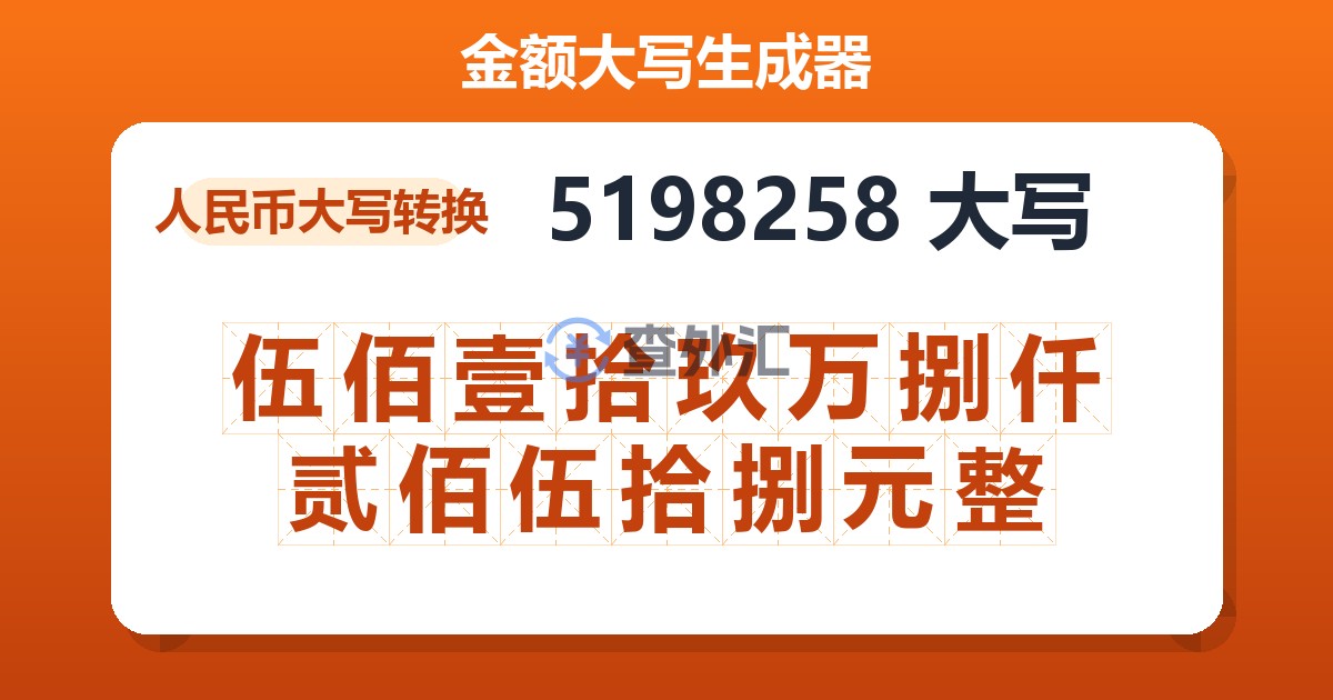 5198258大写 伍佰壹拾玖万捌仟贰佰伍拾捌元整