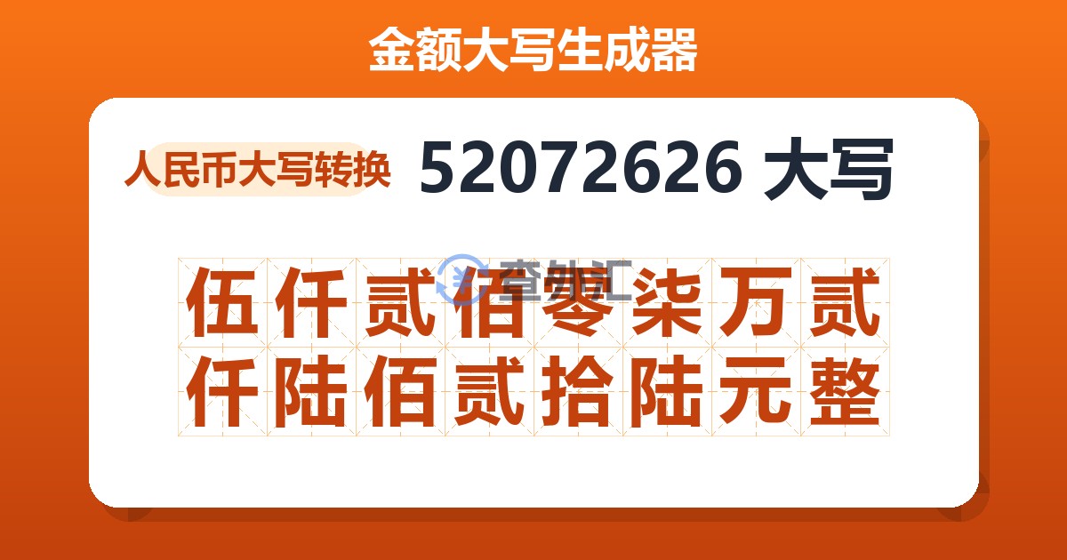 52072626大写 伍仟贰佰零柒万贰仟陆佰贰拾陆元整