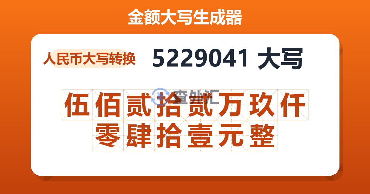 5229041大写 伍佰贰拾贰万玖仟零肆拾壹元整