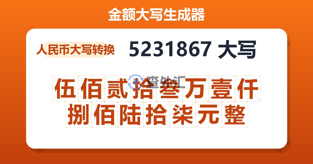 5231867大写 伍佰贰拾叁万壹仟捌佰陆拾柒元整