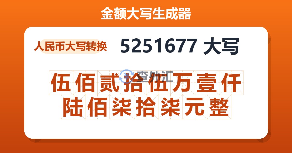 5251677大写 伍佰贰拾伍万壹仟陆佰柒拾柒元整