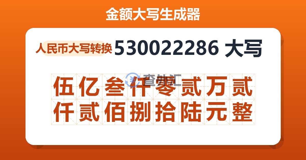 530022286大写 伍亿叁仟零贰万贰仟贰佰捌拾陆元整