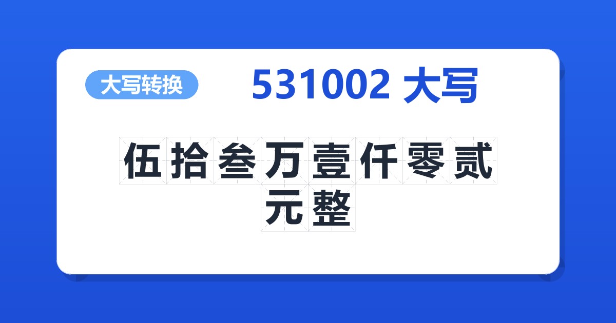 531002大写 伍拾叁万壹仟零贰元整