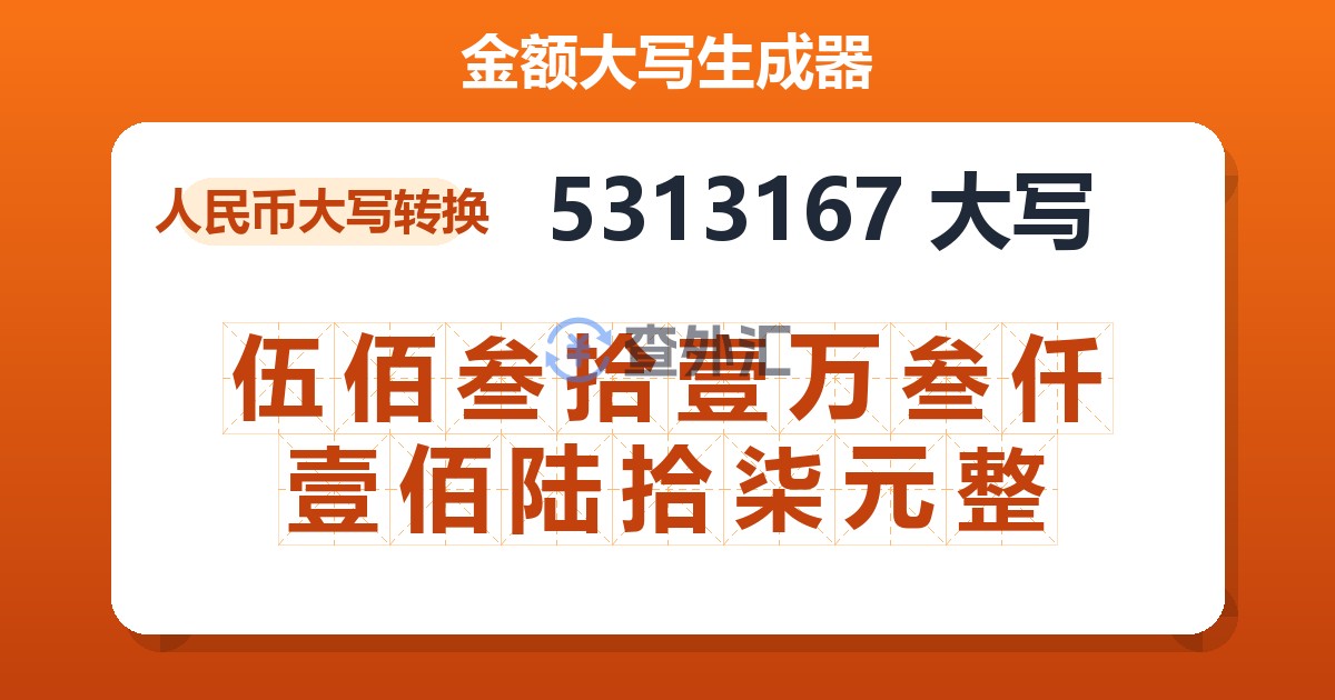 5313167大写 伍佰叁拾壹万叁仟壹佰陆拾柒元整