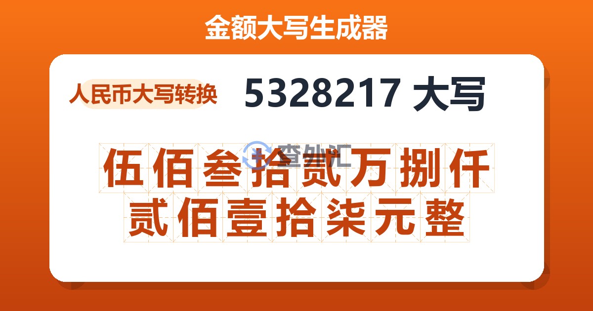 5328217大写 伍佰叁拾贰万捌仟贰佰壹拾柒元整
