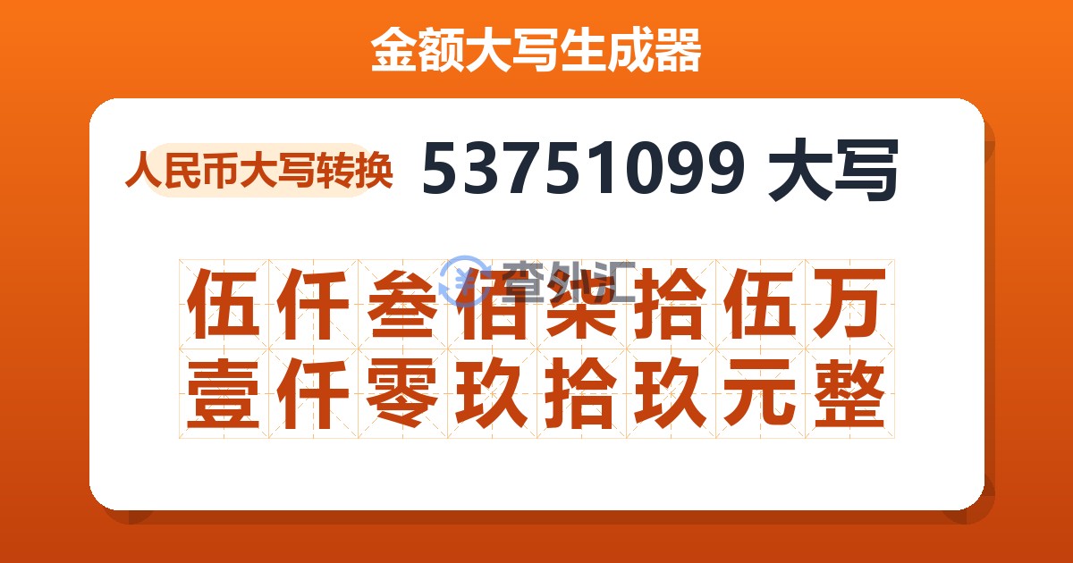53751099大写 伍仟叁佰柒拾伍万壹仟零玖拾玖元整