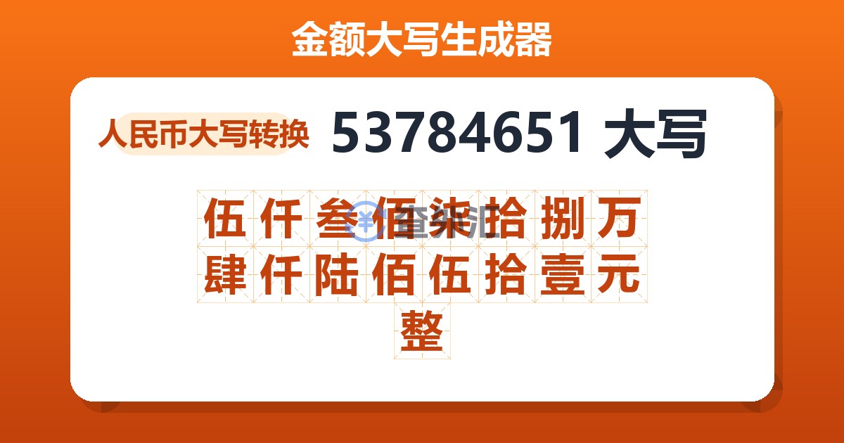 53784651大写 伍仟叁佰柒拾捌万肆仟陆佰伍拾壹元整