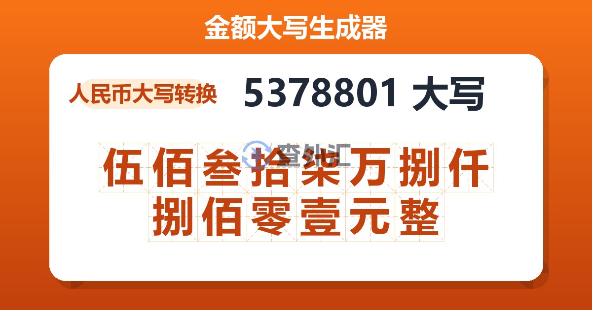 5378801大写 伍佰叁拾柒万捌仟捌佰零壹元整