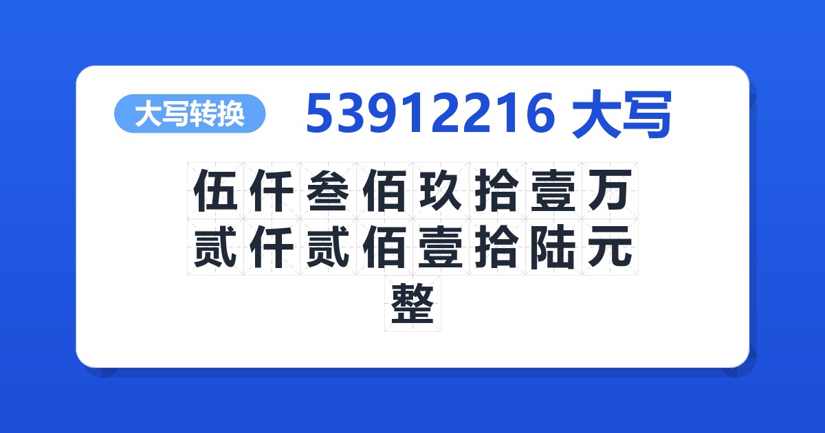 53912216大写 伍仟叁佰玖拾壹万贰仟贰佰壹拾陆元整