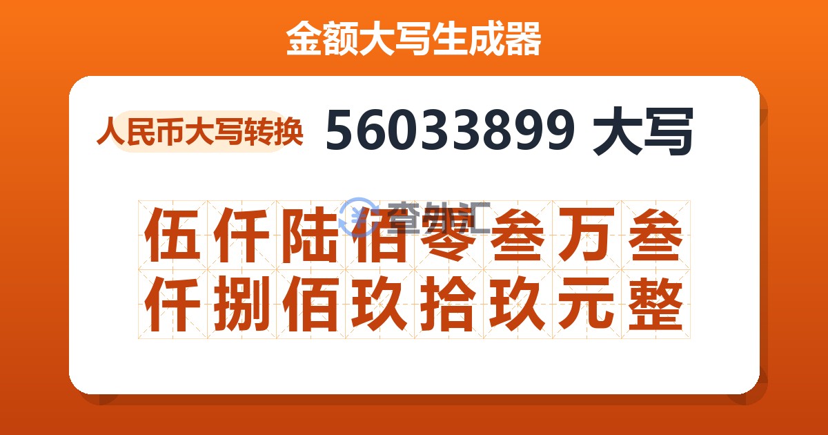 56033899大写 伍仟陆佰零叁万叁仟捌佰玖拾玖元整