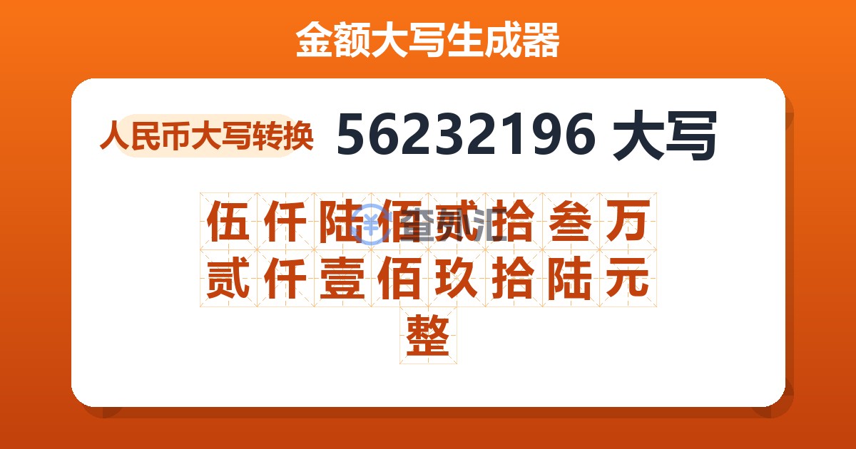56232196大写 伍仟陆佰贰拾叁万贰仟壹佰玖拾陆元整