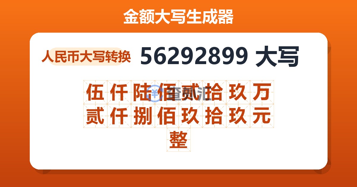 56292899大写 伍仟陆佰贰拾玖万贰仟捌佰玖拾玖元整