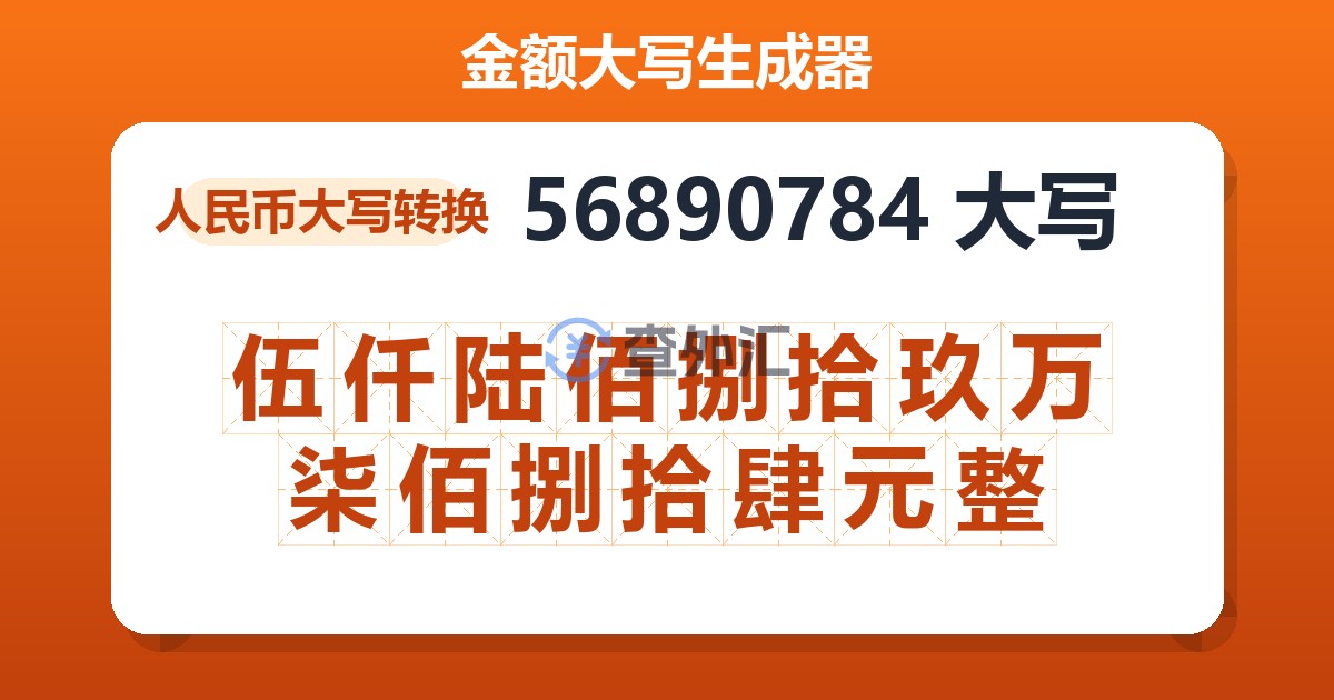 56890784大写 伍仟陆佰捌拾玖万柒佰捌拾肆元整