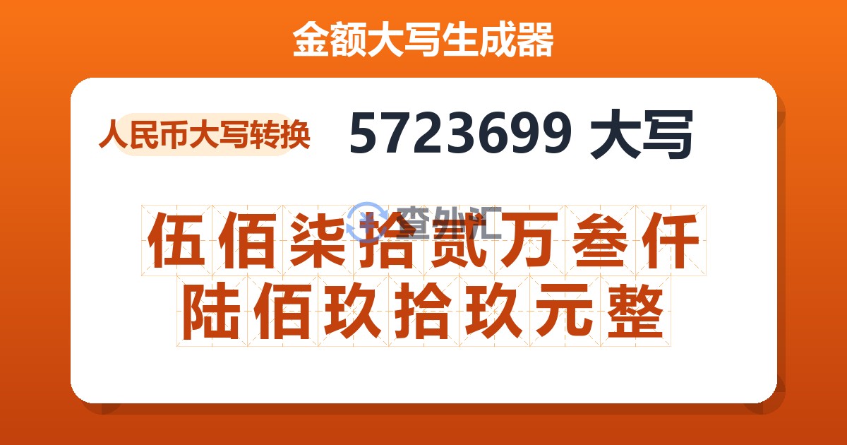 5723699大写 伍佰柒拾贰万叁仟陆佰玖拾玖元整