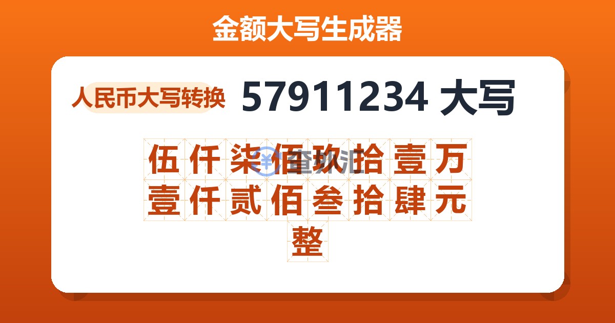 57911234大写 伍仟柒佰玖拾壹万壹仟贰佰叁拾肆元整