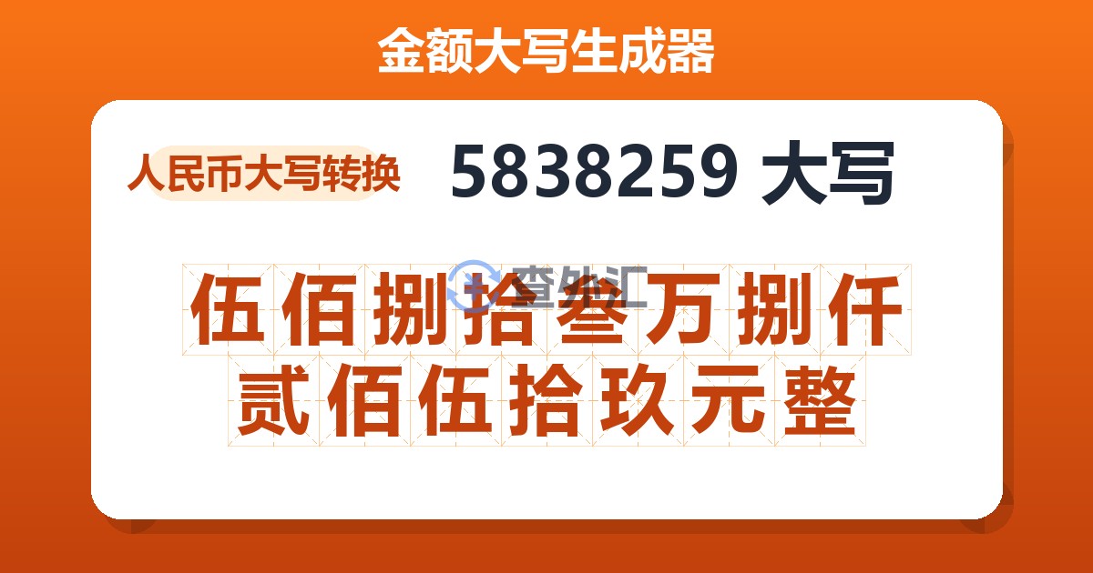 5838259大写 伍佰捌拾叁万捌仟贰佰伍拾玖元整