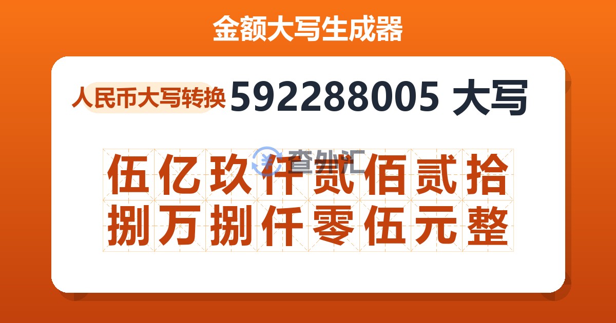 592288005大写 伍亿玖仟贰佰贰拾捌万捌仟零伍元整
