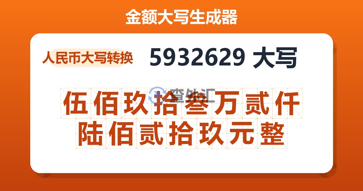 5932629大写 伍佰玖拾叁万贰仟陆佰贰拾玖元整