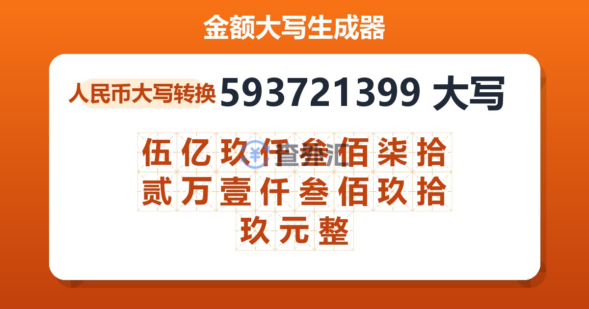 593721399大写 伍亿玖仟叁佰柒拾贰万壹仟叁佰玖拾玖元整