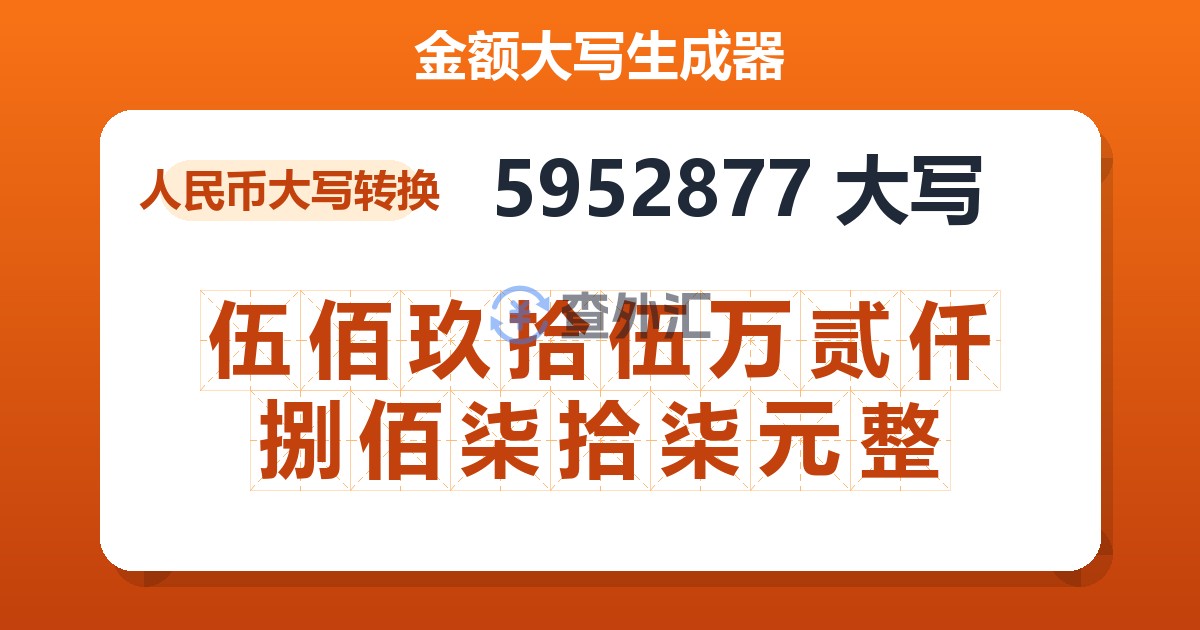 5952877大写 伍佰玖拾伍万贰仟捌佰柒拾柒元整