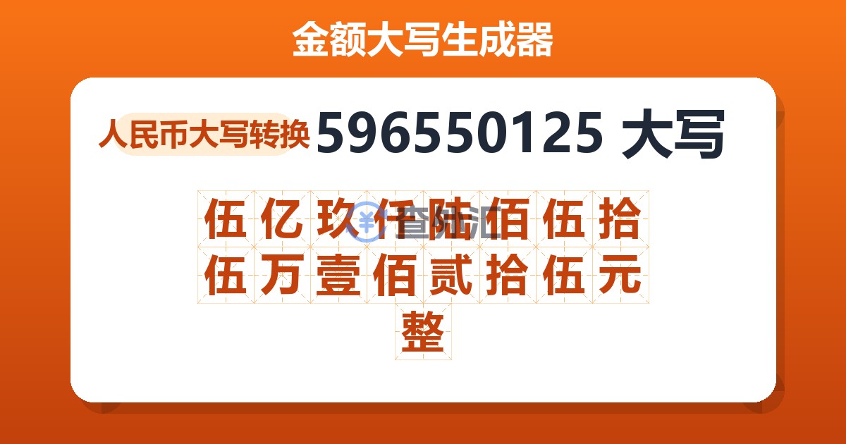 596550125大写 伍亿玖仟陆佰伍拾伍万壹佰贰拾伍元整