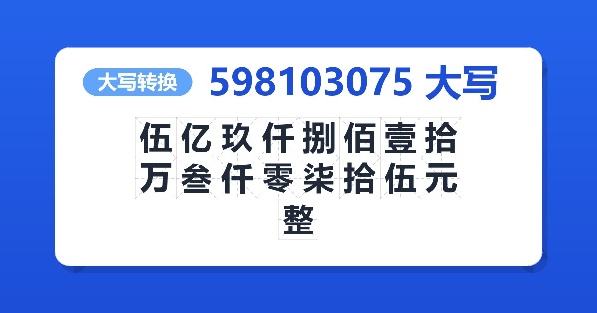 598103075大写 伍亿玖仟捌佰壹拾万叁仟零柒拾伍元整