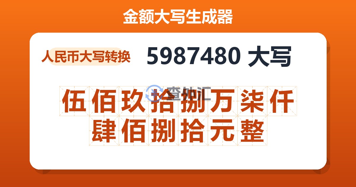5987480大写 伍佰玖拾捌万柒仟肆佰捌拾元整