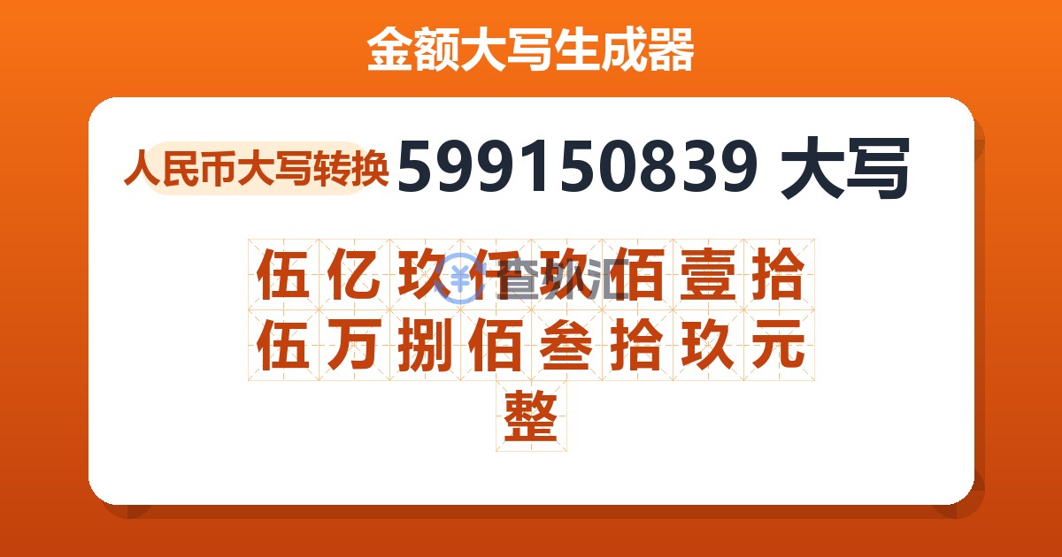 599150839大写 伍亿玖仟玖佰壹拾伍万捌佰叁拾玖元整