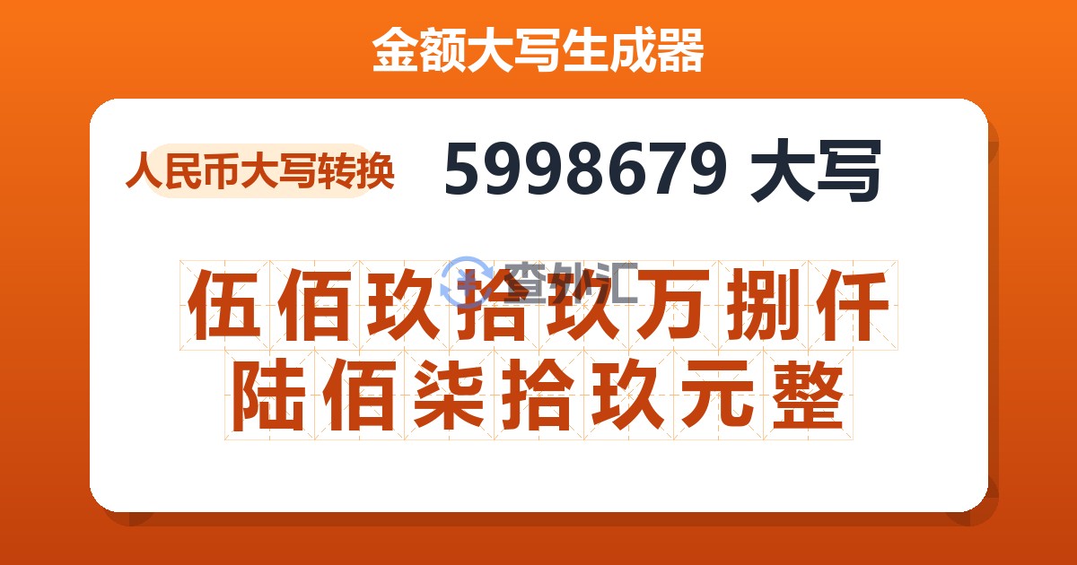 5998679大写 伍佰玖拾玖万捌仟陆佰柒拾玖元整