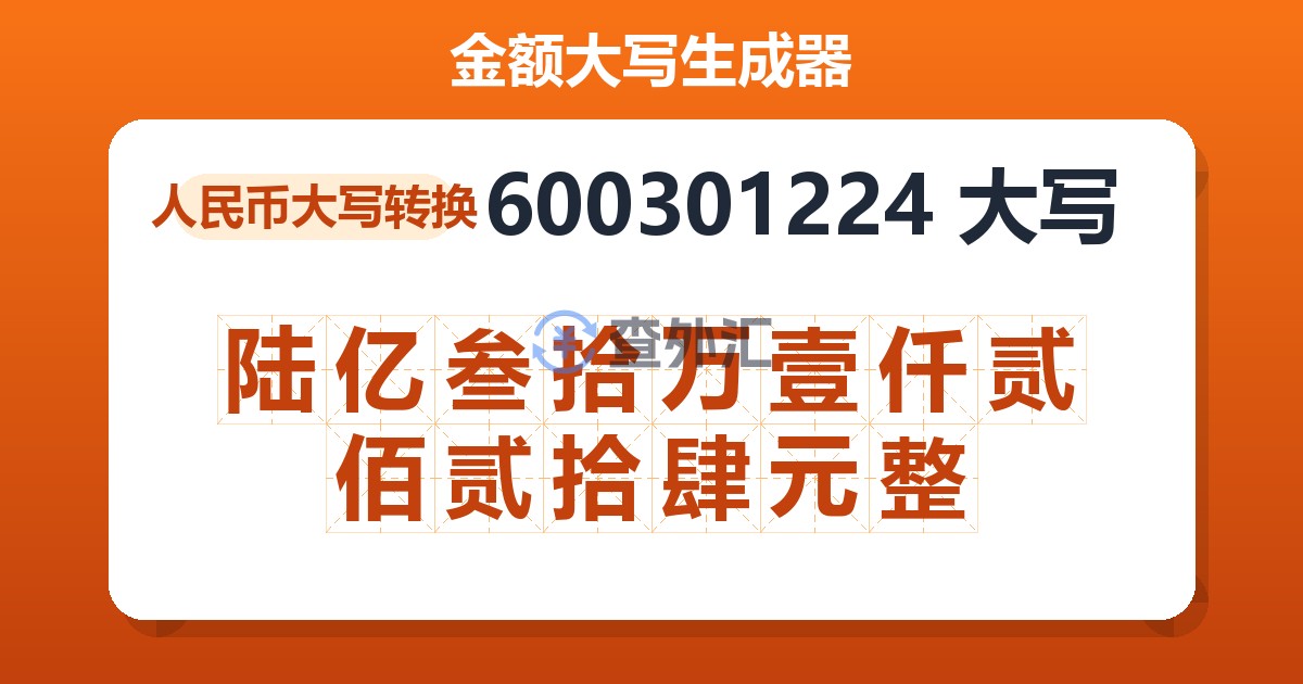 600301224大写 陆亿叁拾万壹仟贰佰贰拾肆元整