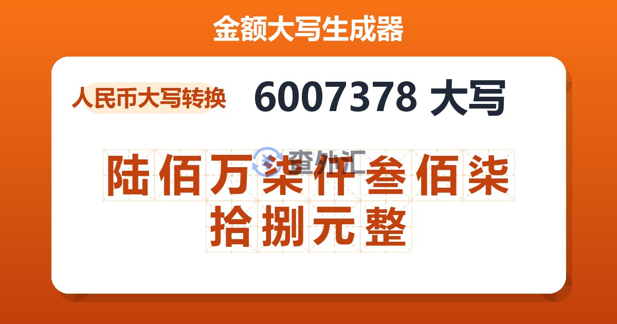 6007378大写 陆佰万柒仟叁佰柒拾捌元整